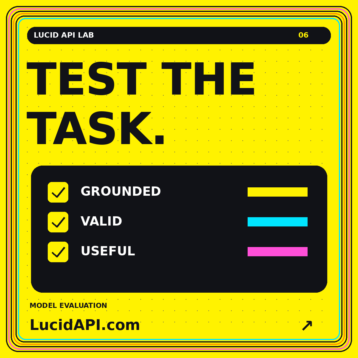 Original Lucid API Lab card: “TEST THE TASK.” with a topic-specific diagram, LucidAPI.com branding, and a multicolor pinstripe frame.